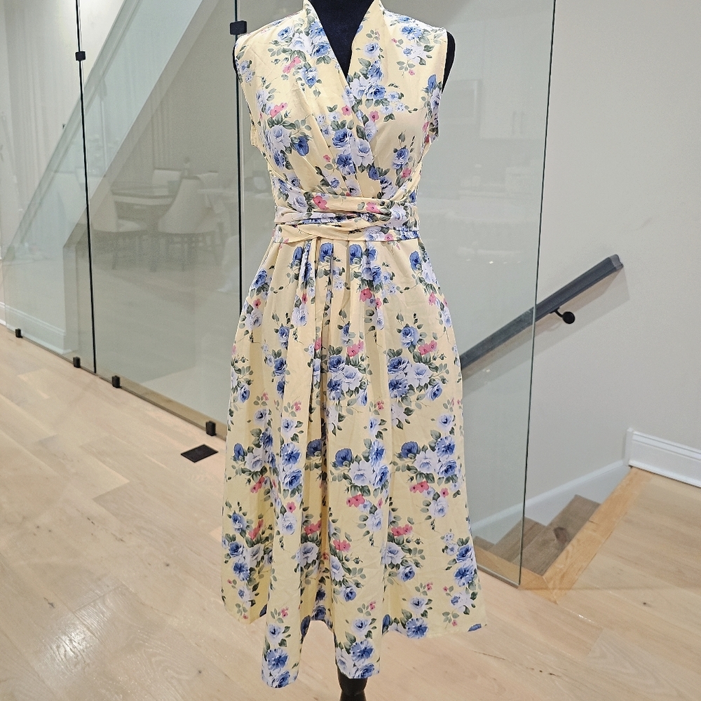Yellow Sleeveless Floral Wrap Midi Dress Silk